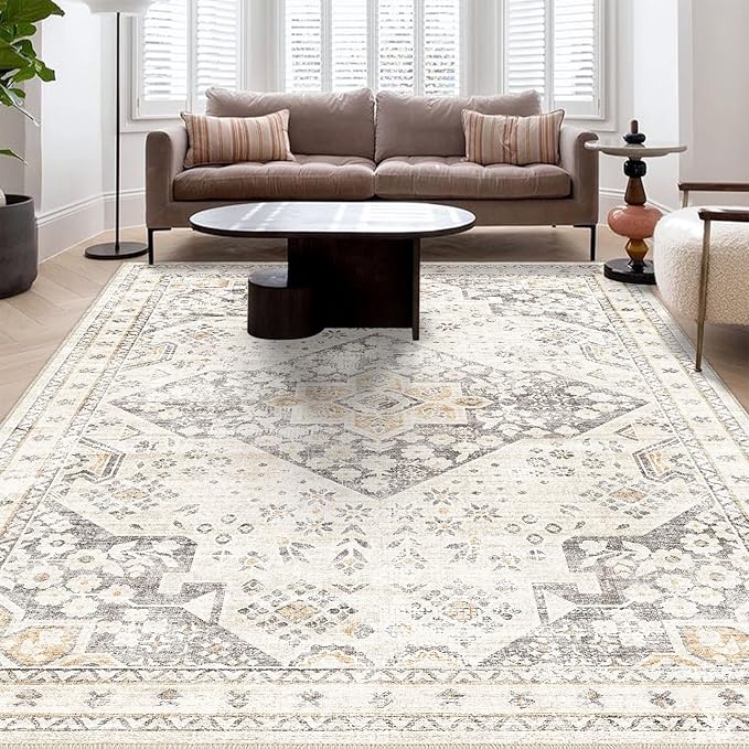 Area Rug 5x7, Washable Vintage Rug Traditional Mat, Distressed Indoor Foldable Thin Retro Accent Rug, Non Slip Carpet Living Room Dining Room Office(Beige Cream, 5x7)