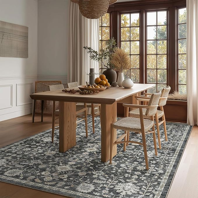 Washable Area Rugs 5'x7' Non-Slip Vintage Boho Distressed Fade Resistant Low Pile Carpet for High-Traffic Living Room, Bedroom & Dining Room