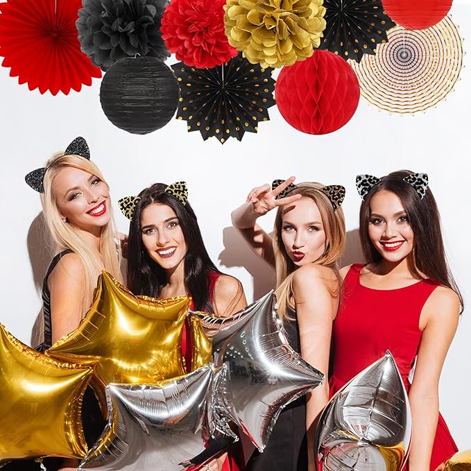 Red-Black Gold Casino Theme Party-Decorations - 20pcs Game Night Paper Lanterns Fans,Tissue Pom Poms,Honeycomb Balls,Bunting,Birthday Graduation Wedding Bridal Baby Shower Decor Burgleda