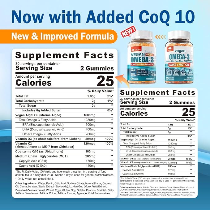 Vegan Omega-3 Gummies 1280mg + COQ10 + Vitamin D3 K2 (MK7), Omega 3 Fish Oil Alternative for Adults w/EPA 600mg DHA 400mg & MCT Oil, No Fish Taste from Marine Algae, for Brain, Eye, Immunity, 1 Pack
