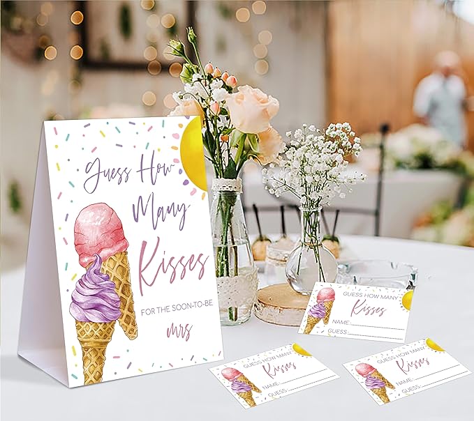 Pink & Purple Ice Cream Themed How Many Kisses for The Soon to Be Mrs, 1 Tabletop Sign and 50 Cards, How Many Kisses Bridal Shower Game for Bachelorette Night Wedding Event & Party Supplies