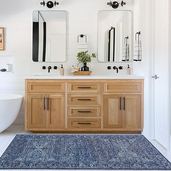 ReaLife Rugs Machine Washable Area Rug Runner - Living Room Bedroom Bathroom Kitchen Entryway Office - Padded Low Pile Stain Resistant Premium - Boho Vintage Traditional - Lyle - Blue 2'6" x 8'