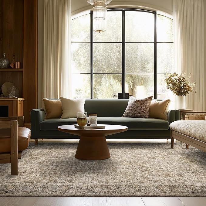 6x9 Washable Rug Vintage Fade Resistant Boho Distressed Non-Slip Indoor Large Carpet Low Pile Lightweight & High-Traffic Safe for Bedroom, Dorm, Playroom - Farmhouse Decor