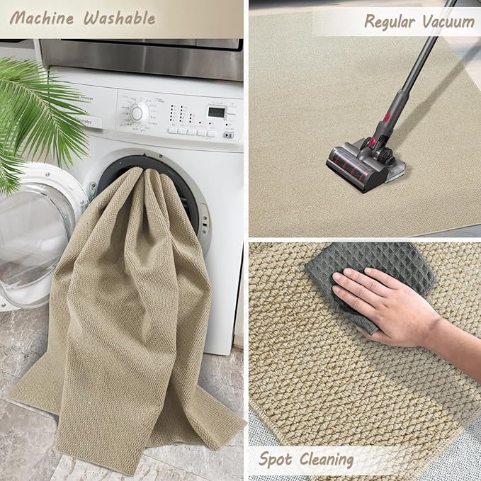 5'x7' Washable Area Rug for Living Room Natural Berber Rug Bedroom Non-Slip Rugs No Shed Faux Jute-Look Area Rugs Non-Skid Washable Area Rug (Camel, 5X7)