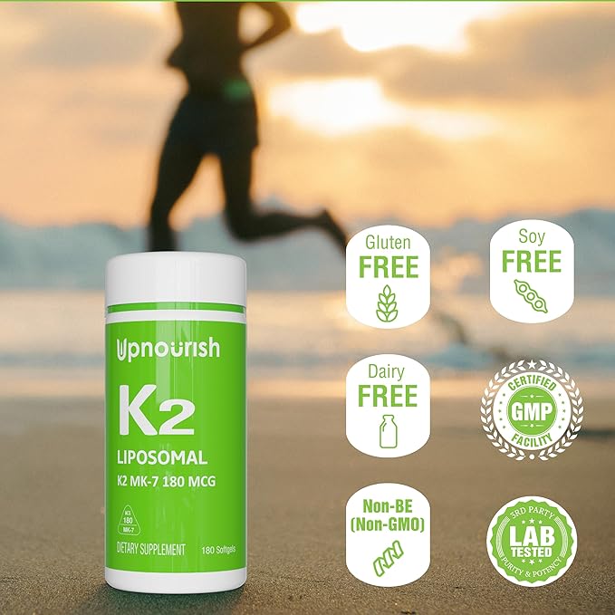 UpNourish Liposomal Vitamin K2 MK7 180 mcg - 180 K2 Vitamin Supplement Softgels for Women and Men - VIT K2 MK-7 with High Absorption