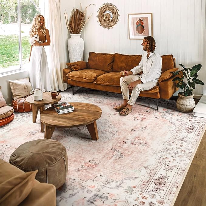 MUJOO Pink Rug 8'x10' Area Rugs for Living Room Washable Large Boho Rug for Bedroom Non Slip Abstract Soft Low-Pile Floral Flowers