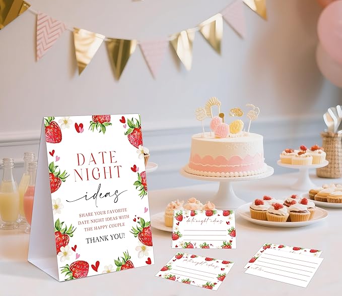 Strawberry Themed Share Your Date Night Ideas Game, 1 Tabletop Sign and 50 Cards, Bridal Shower Games 50 Guests, Wedding Shower Games for Bachelorette Night Engagement Wedding Event & Party Supplies