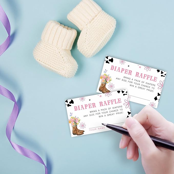Pink Cowboy Baby Shower Decor, Diaper Raffle Game Kit with Stand - 7x10 Inch Sign & 50 Tickets, Floral Boot Hat Butterfly Print, Western Theme Gender Neutral Party Supplies (B06)