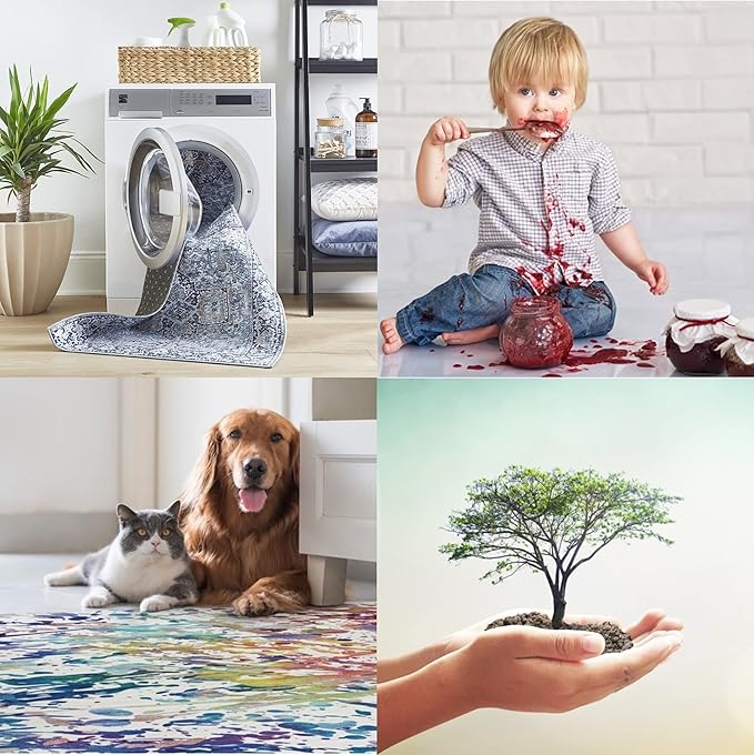 ReaLife Rugs Machine Washable Area Rug - Living Room Bedroom Bathroom Kitchen Entryway Office - Padded Low Pile Stain Resistant Premium - Boho Farmhouse Vintage - Noor - Silver Ivory 4' x 6'