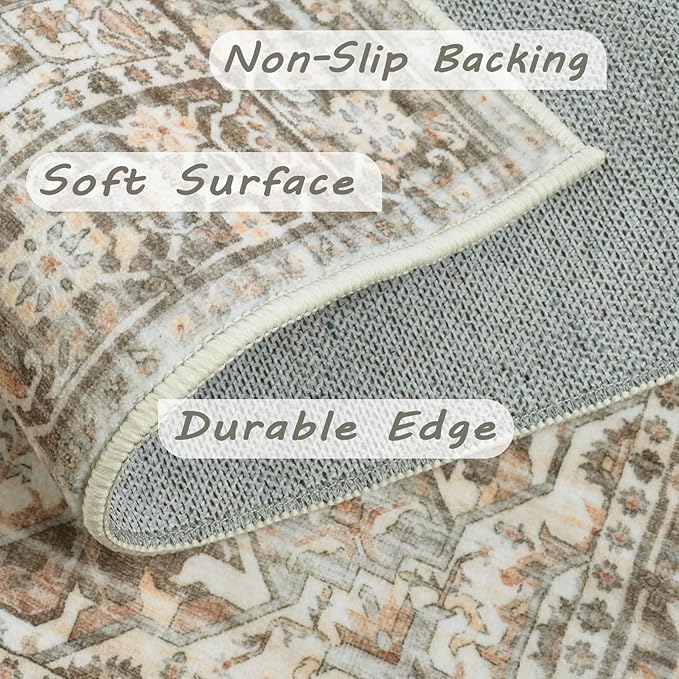 Area Rug 2x3 Washable Door Mat, Vintage Distressed Rug Indoor Entrance Traditional Thin Rug, Floral Print Non Slip Carpet for Kitchen Bathroom Bedroom Living Room (Brown, 2X3)