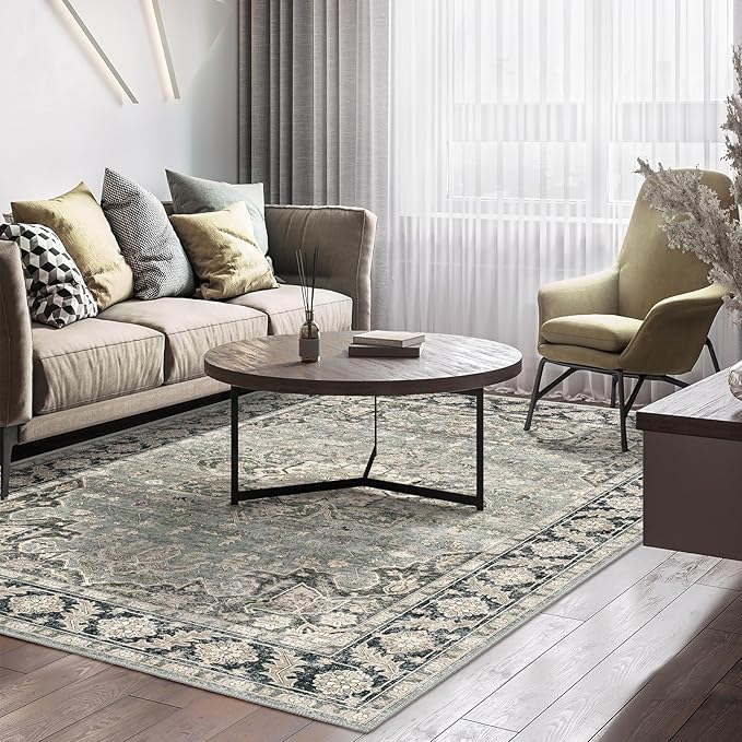 7X9 Area Rugs - 7X9 Washable Area Rug Indoor Vintage Rug Print Rug Low-Pile Floor Carpet for Living Room, Bedroom (Olive Charcoal)