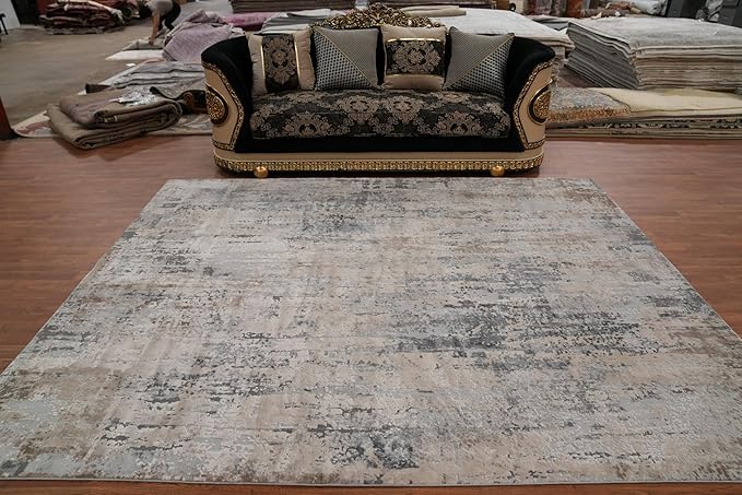 Rug Source Modern Collection 8x10 Area Rug, Machine Made Greys & Charcoal Contemporary Rug, Oriental Polyester Carpet for Bedroom, Living Room, Dining Room