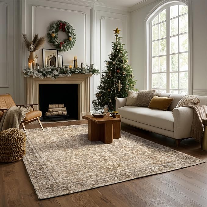 Washable Area Rugs 5'x7' Non-Slip Vintage Boho Distressed Fade Resistant Low Pile Carpet for High-Traffic Living Room, Bedroom & Dining Room