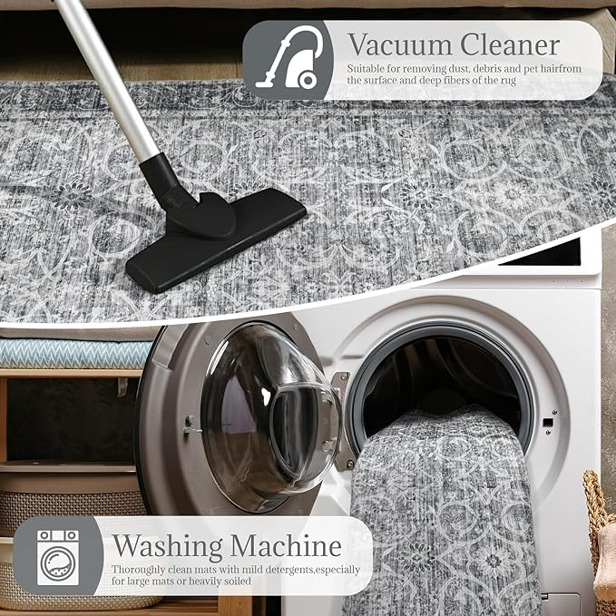 Washable Area Rugs 5'x7' Non-Slip Vintage Boho Distressed Fade Resistant Low Pile Carpet for High-Traffic Living Room, Bedroom & Dining Room