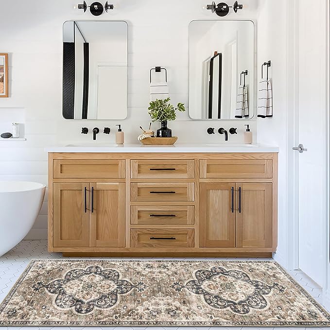 ReaLife Rugs Machine Washable Area Rug Runner - Living Room Bedroom Bathroom Kitchen Entryway Office - Padded Low Pile Stain Resistant Premium - Boho Farmhouse Vintage - Joy - Brown Beige 2'6" x 10'