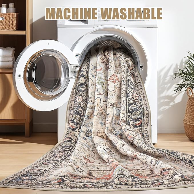 8x10 Area Rugs for Living Room - Large Carpet Ultra Thin Soft Washable Oriental Vintage Floral Distressed Big Indoor Carpets for Bedroom Nursery Dorm Home Decor Aesthetic - Multi