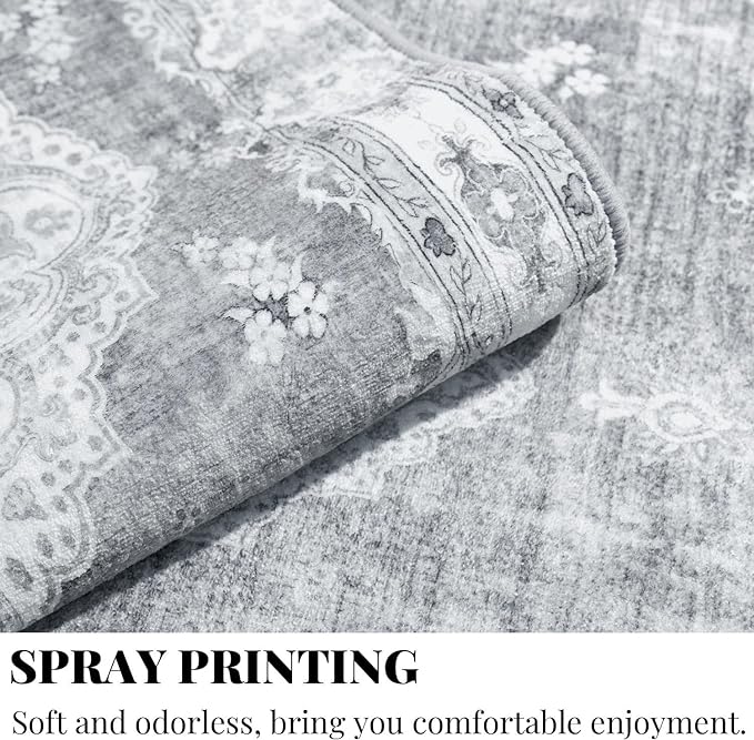 MUJOO Grey Round Rug 4ft,Circle Washable Area Rugs for Bedroom Living Room Bathroom,Vintage Bohemian Distressed Farmhouse Non Slip Circular Carpet,Floral