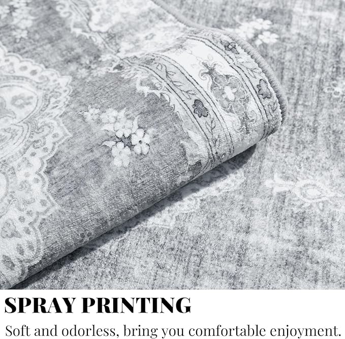 MUJOO Area Rugs 5'x7'Grey,Boho Rug for Bedroom Living Room Dining Room, Large Machine Washable Non Slip Carpet Vintage Bohemian Distressed Farmhouse,Floral