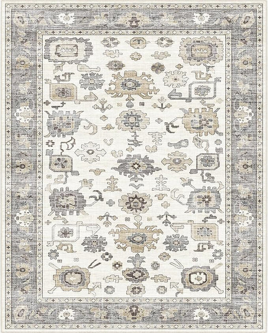 8x10 Washable Vintage Area Rug - Bedroom, Dining Room and Home Office - Distressed Oriental Reto Indoor Floor Carpet Rug(Cream Grey, 8x10)