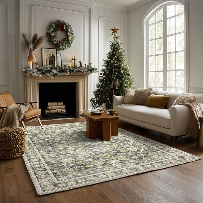 Washable Area Rugs 5'x7' Non-Slip Vintage Boho Distressed Fade Resistant Low Pile Carpet for High-Traffic Living Room, Bedroom & Dining Room