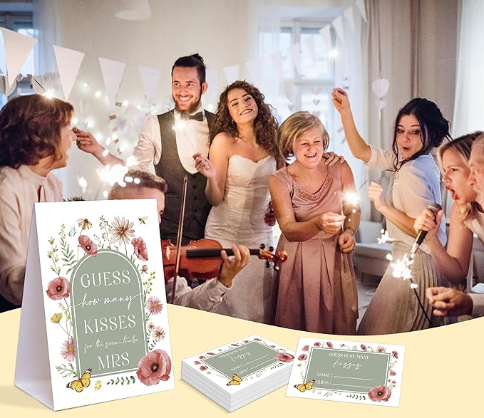 Sage Green Floral How Many Kisses for the Soon to Be Mrs, 1 Tabletop Sign and 50 Cards, How Many Kisses Bridal Shower Game for Bachelorette Night Wedding Event & Party Supplies