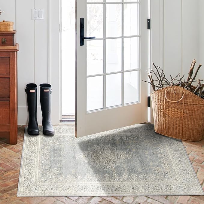 2x3 Entryway Rug Non-Slip Washable Thin Indoor Vintage Rug Low-Pile Floor Carpet for Entrance Bedroom Kitchen Bathroom Beige Grey
