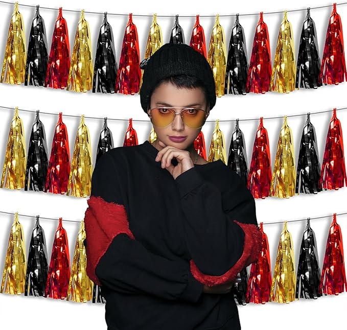 3P Metallic Fringe Banner Garland Foil Tinsel Streamer Wall Hanging Curtain Backdrop Banners for Parade Floats Graduation Decorations, Baby Bridal Shower Party Decoration(Red-Black Gold)