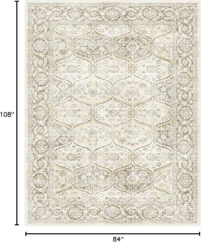 7x9 Machine Washable Non Slip Vintage Area Rugs for Living Room, Low Pile Lightweight Print Rug for Bedroom, Dining Room, Home Office, Beige Gray