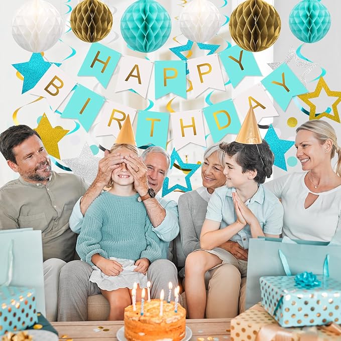 meowtastic Birthday Decorations, Happy Birthday Banner with Honeycomb Balls, Stars Hanging Swirls Streamers, Circle Dots Garland, Happy Birthday Party Decorations for Women Men Boys Girls (Mint)