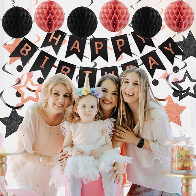 meowtastic Birthday Decorations, Happy Birthday Banner with Honeycomb Ball, Star Hanging Swirl Streamer, Circle Dot Garland, Happy Birthday Party Decoration for Women Men Boy Girl (Rose Gold & Black)