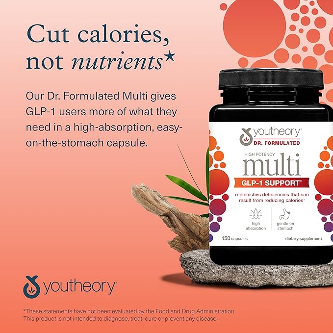 Youtheory High Potency Multi GLP-1 Support - High Absorption Multivitamins - for Immune Support & Bone Health - Gentle on Stomach - Vitamin D, C, Iron & More - 150 Vegetarian Capsules