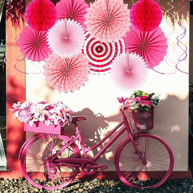 Hot-Pink Rose Red Party-Decorations - 33pcs Banner,Streamers Tassel Garland,Tissue Pom Poms Honeycomb,Paper Lanterns Fan,Birthday Wedding Bridal Baby Shower Bachelorette Engagement Decor Hugtmr