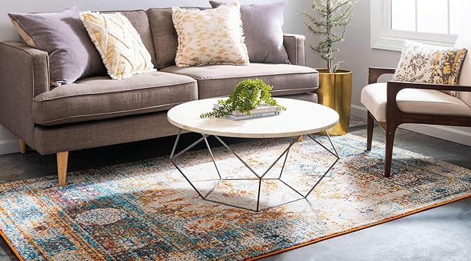 Unique Loom Rosso Collection Traditional, Vintage, Medallion, Border, Distressed, Southwestern Area Rug, 5 ft x 8 ft, Ivory/Blue