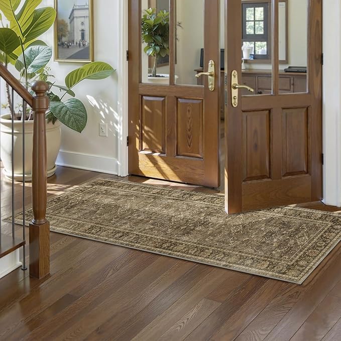 2.6x8 Runner Rug for Hallways Vintage Distressed Non Slip Long Carpet Floral Boho Distress Print Pattern Mat Lightweight Retro Accent Throw Carpet for Kitchen Bedroom Bedside Laundry Room-Brown ﻿