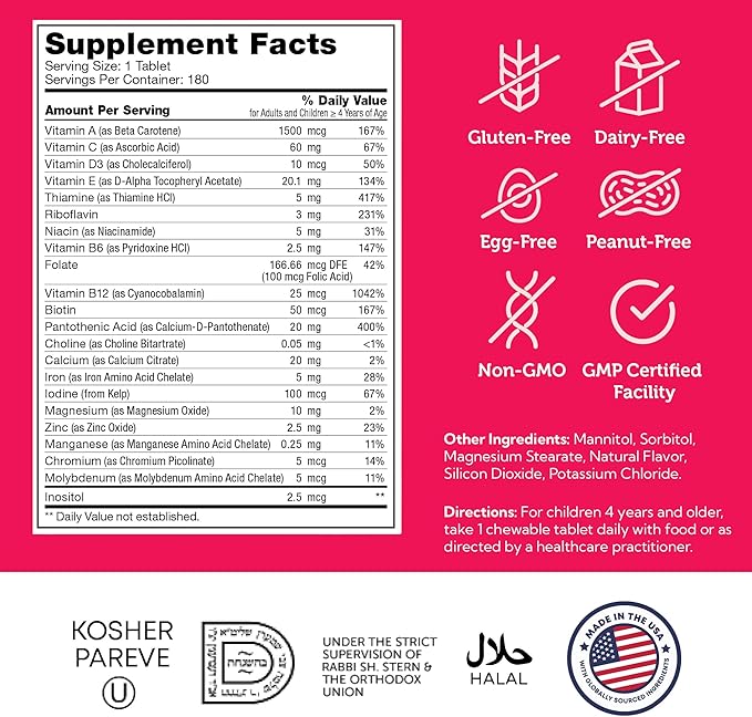 Zahler Kids Multivitamin Chewable Vitamin Tablet - Complete One Daily Vitamins Supplement - Contains 20+ Minerals & Vitamins for Kids & Toddlers - Kosher Multivitamins Cherry Flavor (180)