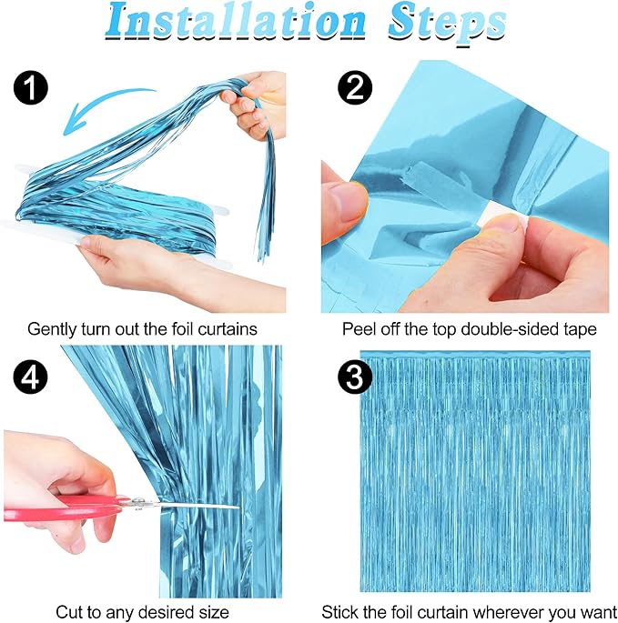 12 Pack Party Decorations, 3.28 FT x 7.05 FT Sky Blue Curtains, Metallic Party Streamers Photo Booth Backdrop Foil Fringe Curtains, Light Blue Winter Wonderland Backdrop Birthday Decor