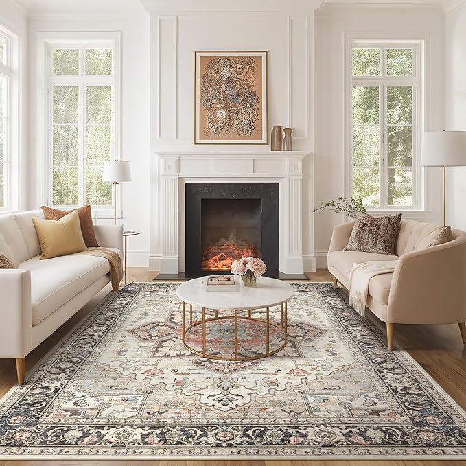 Area Rug for Living Room - 5x7 Soft Machine Washable Oriental Vintage Floral Distressed Large Indoor Floor Carpet for Bedroom Under Dining Table Home Office Decor - Multi Cream