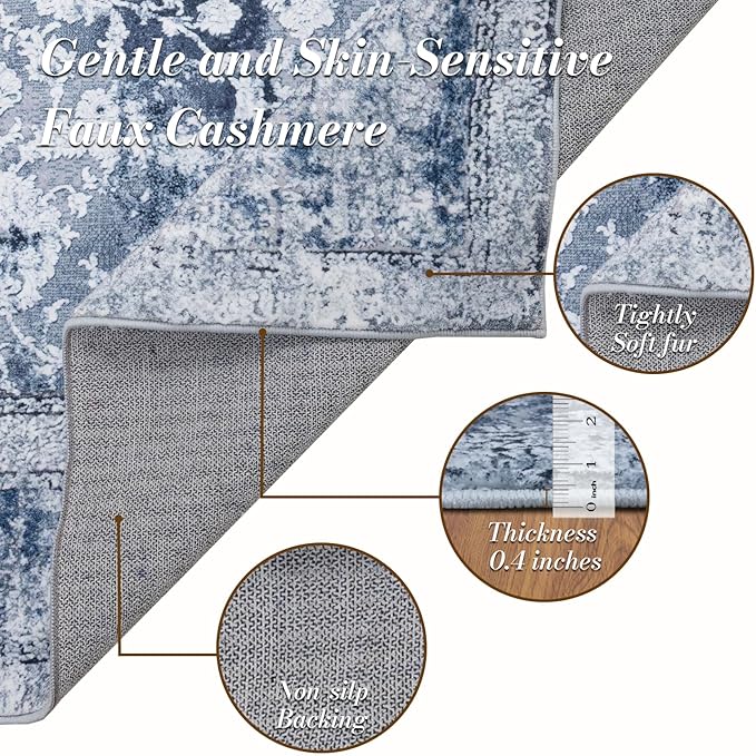 Area Rug 5×7, Vintage Boho Rug,Ultra-Soft Low Pile, Washable, Non Slip,Stain Resistant Printed Carpet for Living Room Bedrooms Playroom Office Kitchen, Stone/Blue