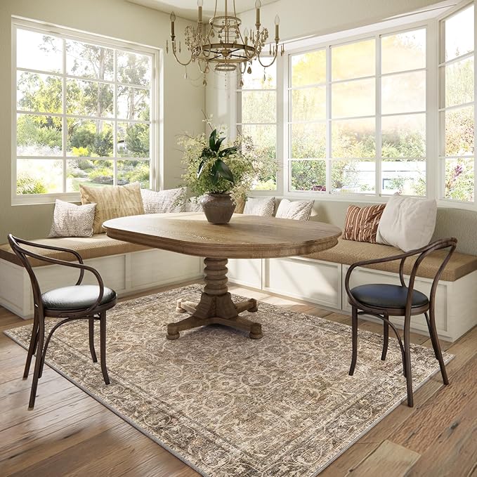 Washable Area Rugs 5'x7' Non-Slip Vintage Boho Distressed Fade Resistant Low Pile Carpet for High-Traffic Living Room, Bedroom & Dining Room