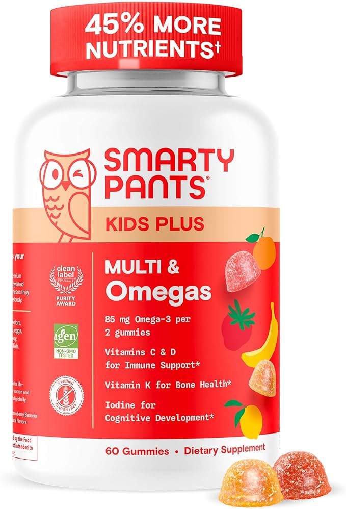 SmartyPants Kids Multivitamin Gummies - Improved Formula: Omega 3 (DHA/EPA), Vitamins D3, C, B12, B6, Vitamin A, K & Zinc, Gluten Free, Three Fruit Flavors, 60 Count (30 Day Supply)