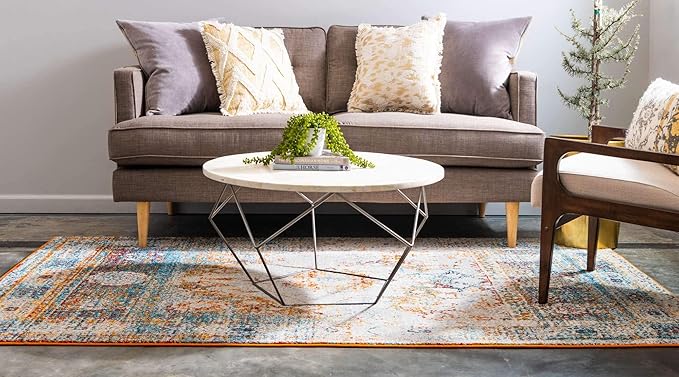 Unique Loom Rosso Collection Traditional, Vintage, Medallion, Border, Distressed, Southwestern Area Rug, 9 ft x 12 ft, Ivory/Blue