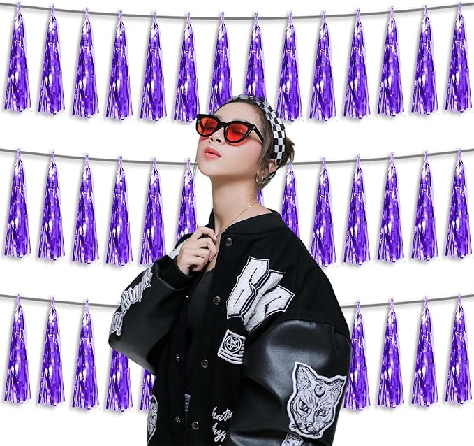 3P Metallic Fringe Tassel Banner Garland Foil Tinsel Streamer Wall Hanging Curtain Backdrop Banner for Parade Floats,Graduation Decorations, Father's Day Party Decoration(Purple)