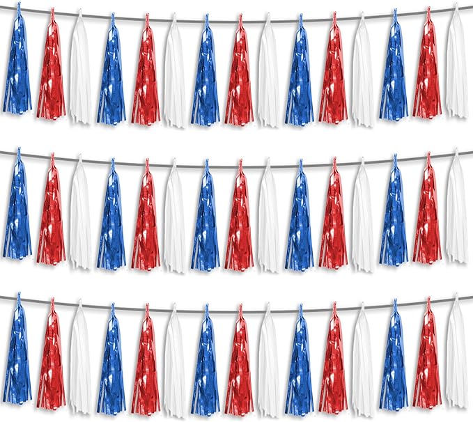 3P Red Blue White Foil Fringe Metallic Tassel Streamers Banner Tassel Garland for Parade Floats, Bachelorette, Wedding, Birthday, Halloween, Christmas, Bridal/Baby Shower Party Decorations