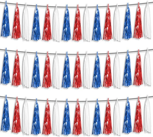3P Red Blue White Foil Fringe Metallic Tassel Streamers Banner Tassel Garland for Parade Floats, Bachelorette, Wedding, Birthday, Halloween, Christmas, Bridal/Baby Shower Party Decorations