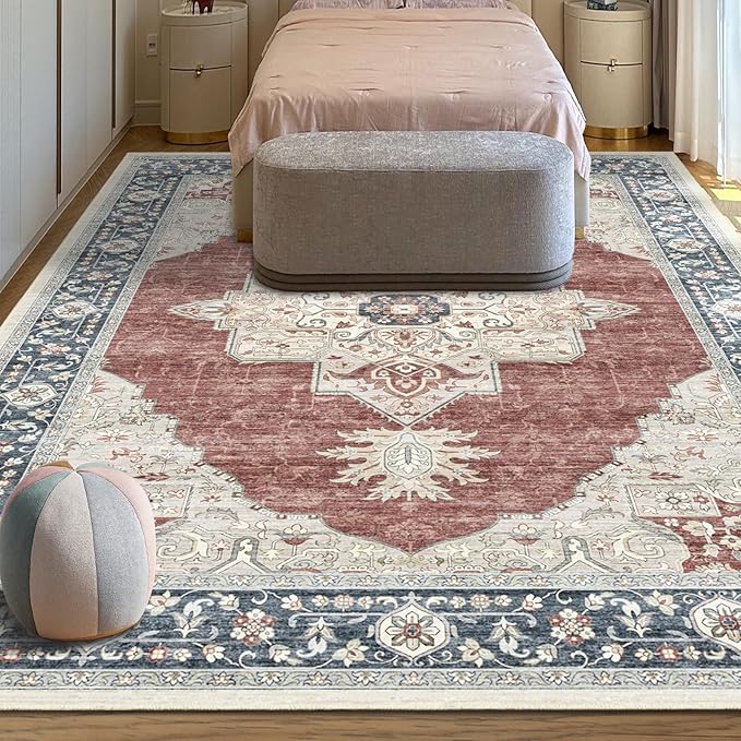 9X12 Washable Vintage Area Rug Boho Chic Medallion Distressed Design Non-Shedding Easy Care Ideal for High Traffic Areas in Living Room Bedroom Office Large Carpet (Brick/Beige, 9x12)