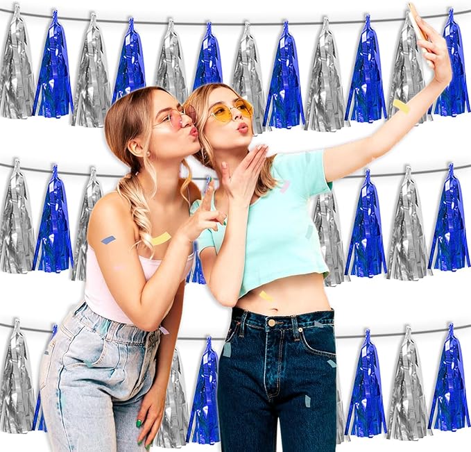 3P Navy-Blue Silver Metallic Fringe Tassel Banner Garland Foil Tinsel Streamer Wall Hanging Curtain Backdrop Banner for Parade Floats, Graduation Bridal/Baby Shower Retirement Party Decorations
