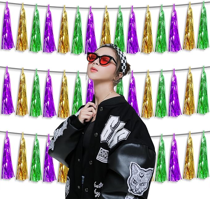 3P Metallic Fringe Tassel Banner Garland Foil Tinsel Streamer Wall Hanging Curtain Backdrop Banner for Parade Floats, Graduation, Carnival Mardi Gras Party Decorations(Gold Green Purple)