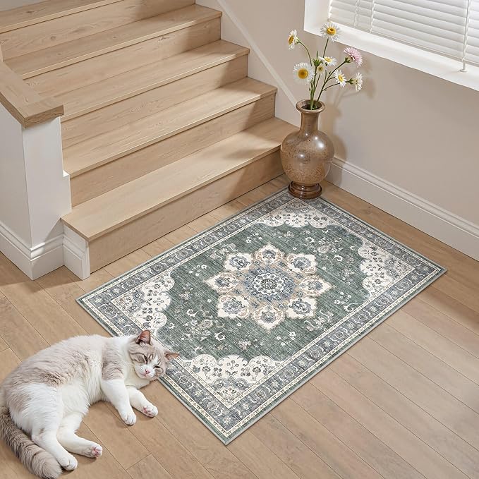 2x3 Washable Entryway Rug: Non-Slip Soft Small Indoor Area Rug for Bedroom Kitchen, Low Pile Stain-Resistant Durable Vintage Floral Carpet for Porch Laundry Kids Room Home Decor (Green)