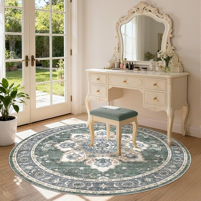 Area Rug for Living Room - 5x5 Soft Washable Oriental Vintage Floral Distressed Large Carpet - Fade Stain Resistant Non Slip Rugs for Bedroom Dining Room Nursery Dorm Office Home Decor - Green