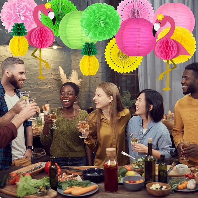 Heartome 13PCS Hawaiian Party Decorations, Luau Party Decorations, Flamingo and Pineapple Honeycomb Paper Flowers Fans and Ball Lanterns for Summer Tropical Beach Party Decorations Supplies Favors